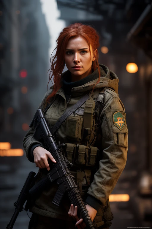 cozy, arafed woman with a rifle in a dark room, redhead female cyberpunk, infantry girl, wojtek fus, female lead character, soldier girl, eve ventrue, stunning character art, epic sci - fi character art, epic sci-fi character art, solo female character, beautiful female soldier, ready for combat, mechanized soldier girl, sci - fi character
