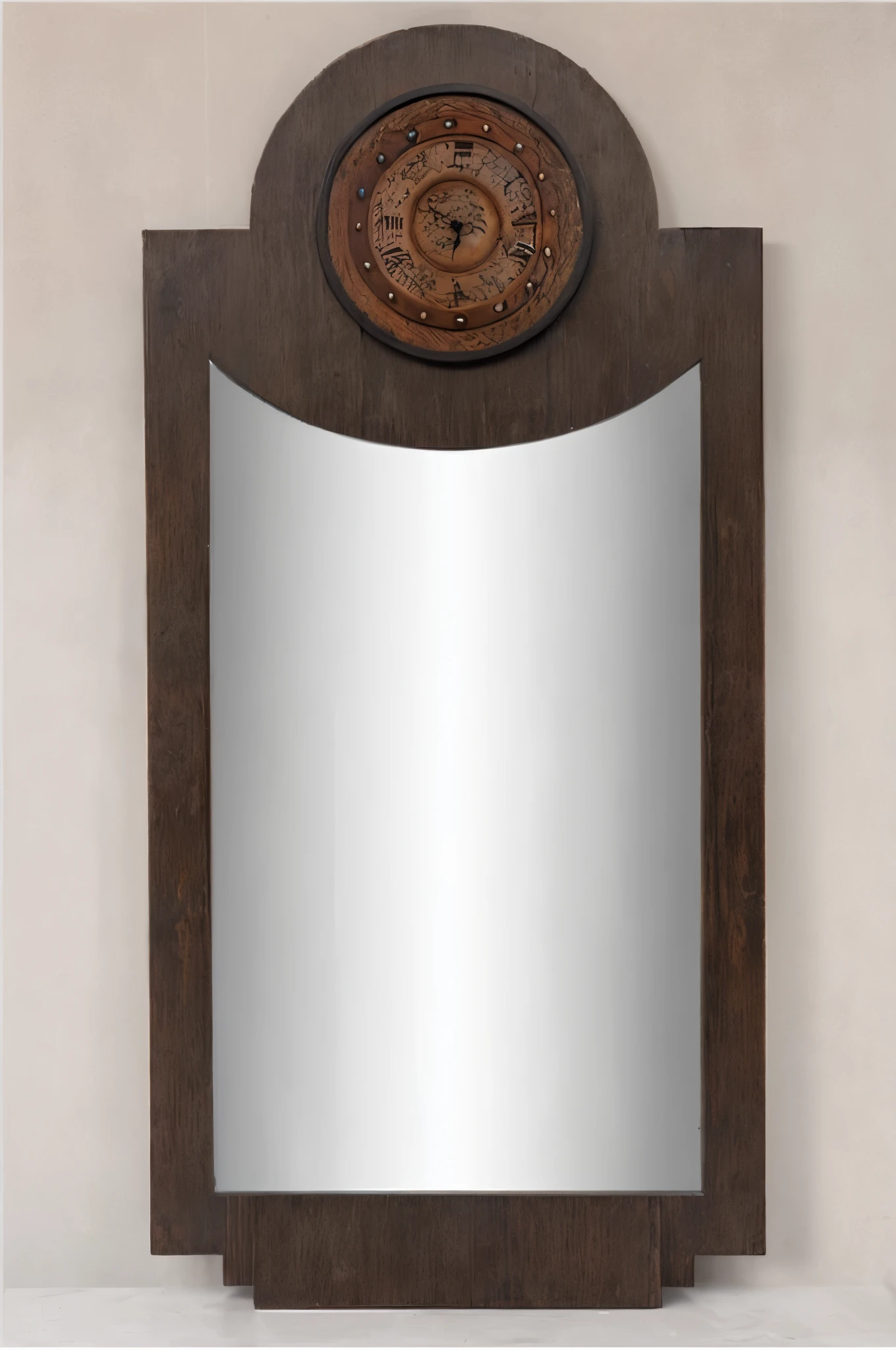 there is a mirror with a wooden frame and a clock on it, with a mirror, art nuevo, mirror, vintage - w 1 0 2 4, day light, mirrors, abstract mirrors, art-deco, art - deco, ashe, rustic, lamp ( ( ( mirror ) ) ) ), with round face, round mirror on the wall, mirror texture