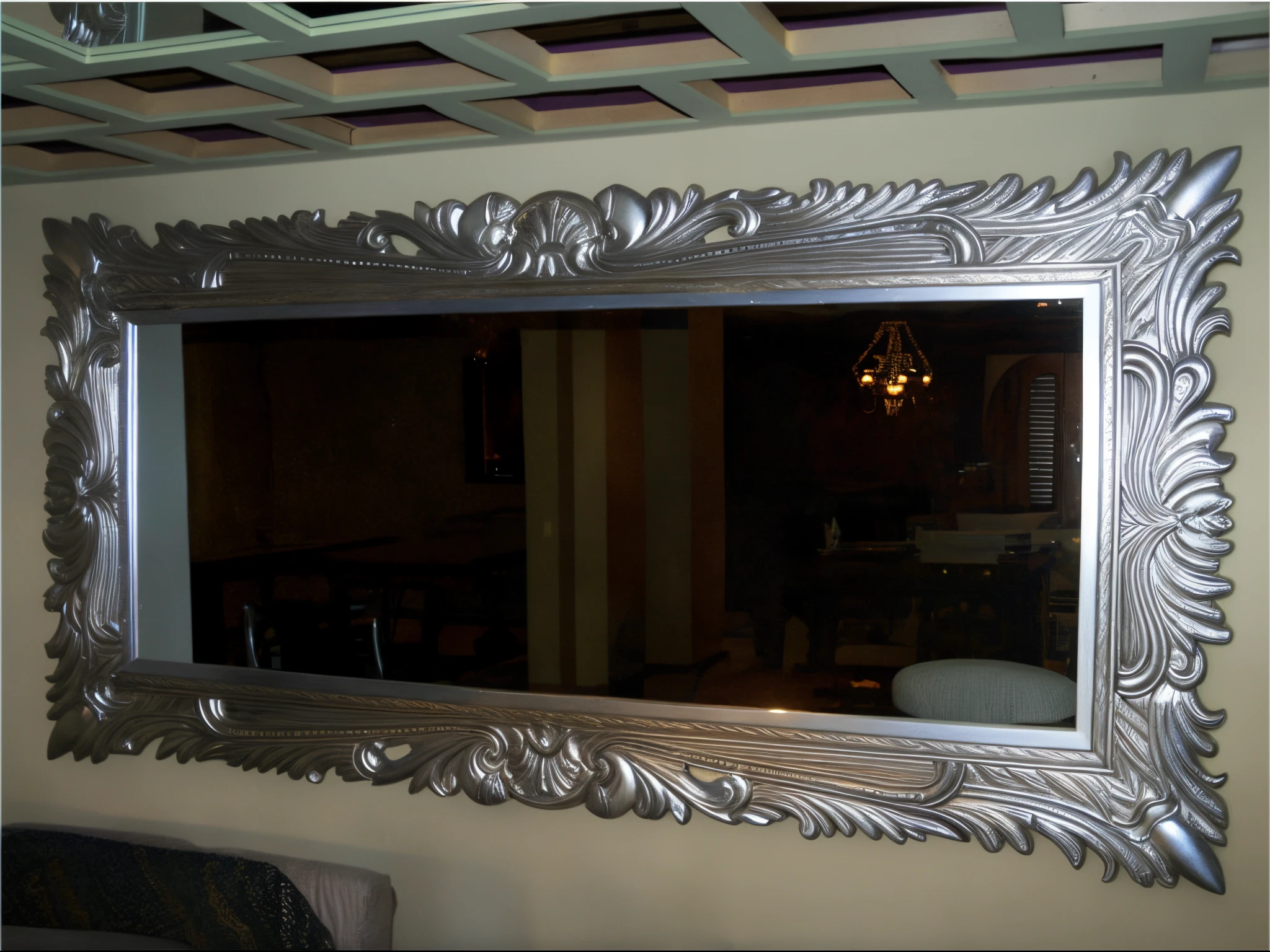 there is a mirror hanging on the wall in a room, big mirrors, mirror and glass surfaces, mirror texture, dramatic framing, tv frame, mirrors, mirror, decorative frame, ornate frame, mirrored, doctors mirror, magnificent design, dimensional, reflected in giant mirror, silver platter, inside mirror, mirror reflection, art nouveau framing, mirroring, mirrors everywhere