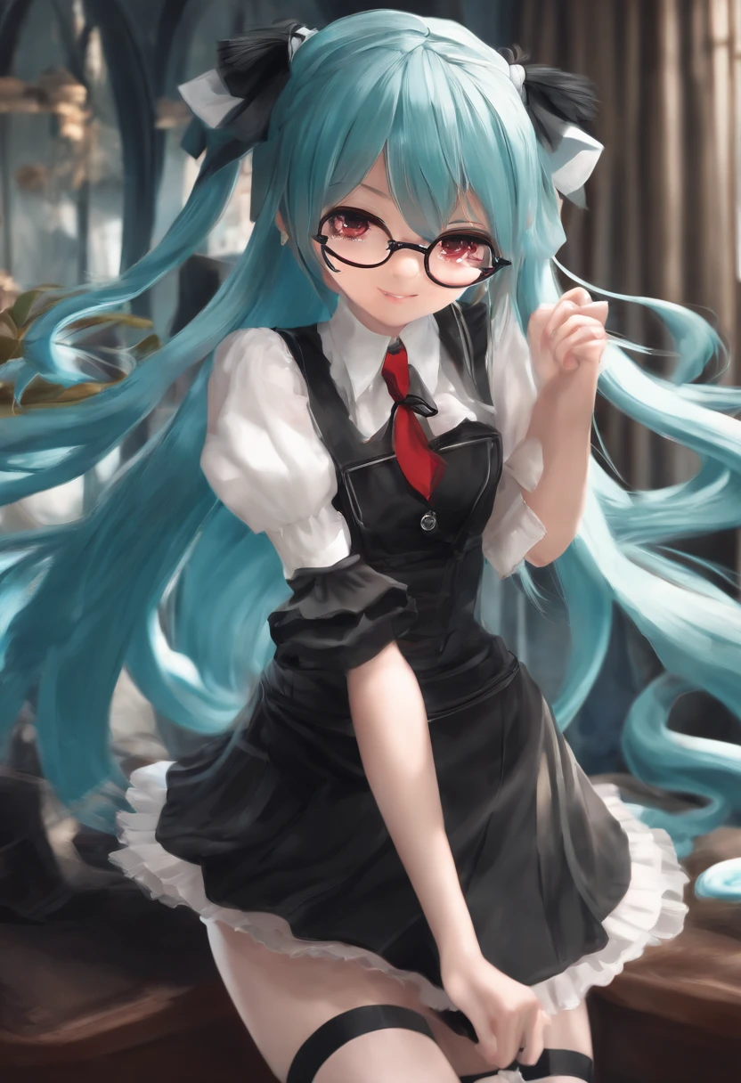 miku hatsune、1girl in, [Twin-tailed], Shaded face,  Crazy, skirt rift, pantiy, [self lift]、eye glasses、put on glasses、eye glass、Blunt bangs、Red brilliant eyes、Sexy、Nasty face、maid, over-kneehighs,Ahegao , Silly,Sexual ecstasy,Drunken eyes,Blunt bangs, Black hair,(masutepiece:1.2, Best Quality), (finely detailed beautiful eye: 1.2), (Detailed background,Dark Fantasy), (beautifull detailed face), High contrast, (Best Illumination, extremely delicate and beautiful), ((Cinematic Light)), Colorful, Hyper Detail, Dramatic light, Intricate details,