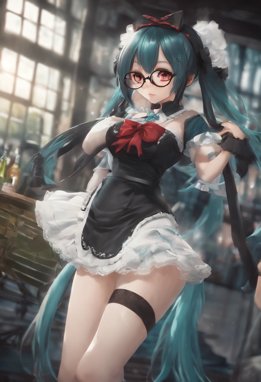 miku hatsune、1girl in, [Twin-tailed], Shaded face,  Crazy, skirt rift, pantiy, [self lift]、eye glasses、put on glasses、eye glass、Blunt bangs、Red brilliant eyes、y、Nasty face、maid, over-kneehighs,Ahegao , Silly,Sexstasy,Deyes,Blunt bangs, Black hair,(masutepiece:1.2, Best Quality), (finely detailed beautiful eye: 1.2), (Detailed background,Dark Fantasy), (beautifull detailed face), High contrast, (Best Illumination, extremely delicate and beautiful), ((Cinematic Light)), Colorful, Hyper Detail, Dramatic light, Intricate details,