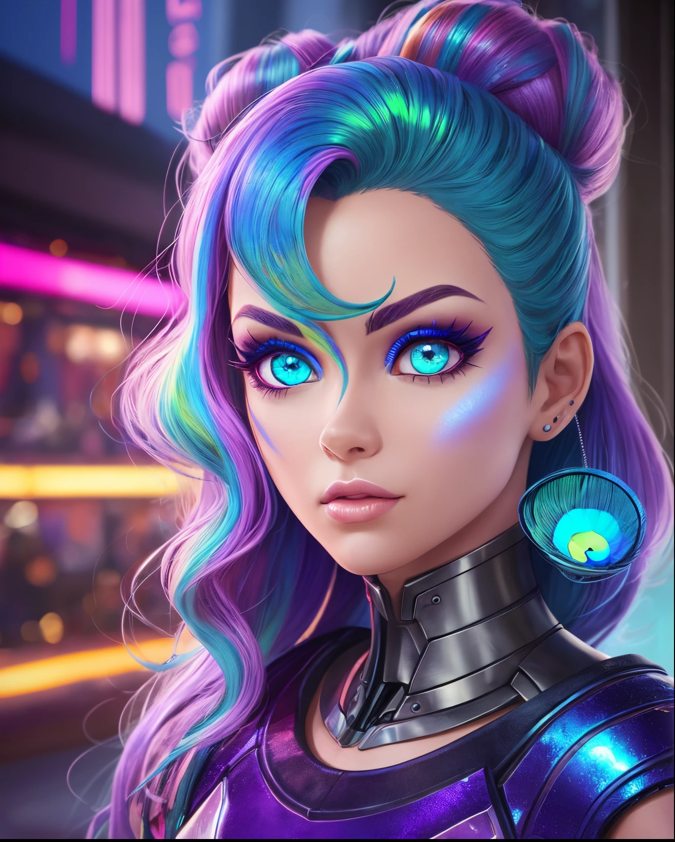 a woman with colorful hair and blue eyes, epic wallpaper, pixar style, beautiful face, android eyes, discord profile picture, peacock colors, netflix animation, real human eyes, epic 3 d omolu, happy female cyborg, iridescent hair, vanellope von schweetz, riot game, fierce eyes, iridescent color --auto --s2