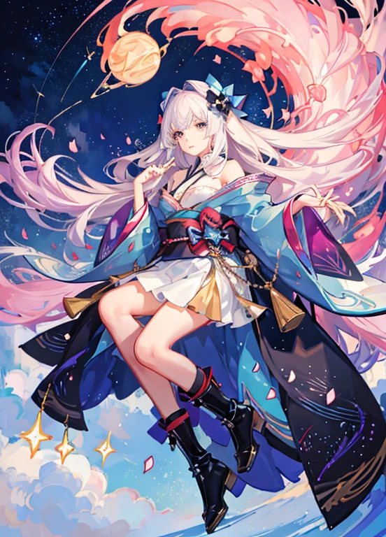 ((Magical Girl)), ((Gorgeous Starry Sky Background)), ((Super Detailed)), (Best Illustration), ((Cinematic Lighting)), Dynamic Angle, Floating, Fine, (Flash:1.2), (Sparkle:1.2), (Shine:1.2), Classic, (painting:1.1), (Sketch:1.1), (Best Quality), (Masterpiece:1.2), ( anime style), (solo), beautiful and delicate face, (cute face: 1.3), (big eyes: 1.3), colored hair, (long hair: 1.2), (flowing hair: 1.2), (magical girlhood), detail outfit, (sparkling wand: 1.3), (magic effect: 1.3), (flowing skirt: 1.2), (cute boots: 1.1), (transparent fabric: 1.1), (flash: 1.2), (glowing 1.2), (radiance: 1.2), (flash: 1.2), (flash: 1.2), (flash: 1.2), (dazzle: 1.2) (Very detailed 8k wallpaper) complex, high detail, dramatic, 8k, ((masterpiece, super detailed, complex detail, medium quality, illustration)), 1girl, solo, high resolution, street, cherry tree, petals falling, sunlight through), (extremely detailed CG, super fine, Best shadows: 1.1), ((Depth of field)), ((Watercolor)), (Kimono: 1.3), Big breasts, bare shoulders, flowers and petals, Beautiful concept illustration, (Illustration: 1.1), (Extreme beauty: 1.1), (Perfect detail: 1.1), --v 6