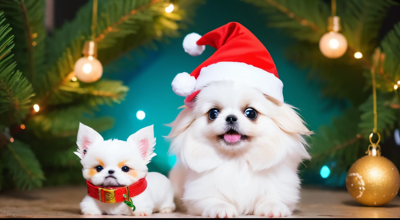 3D vector art、Colorful cute white pekingese dog、He is wearing a Christmas hat and saluting,The collar has a bell、 cute christmas present, Ultra-realistic high quality, Cute and quirky, Fantasy Art, Watercolor effect