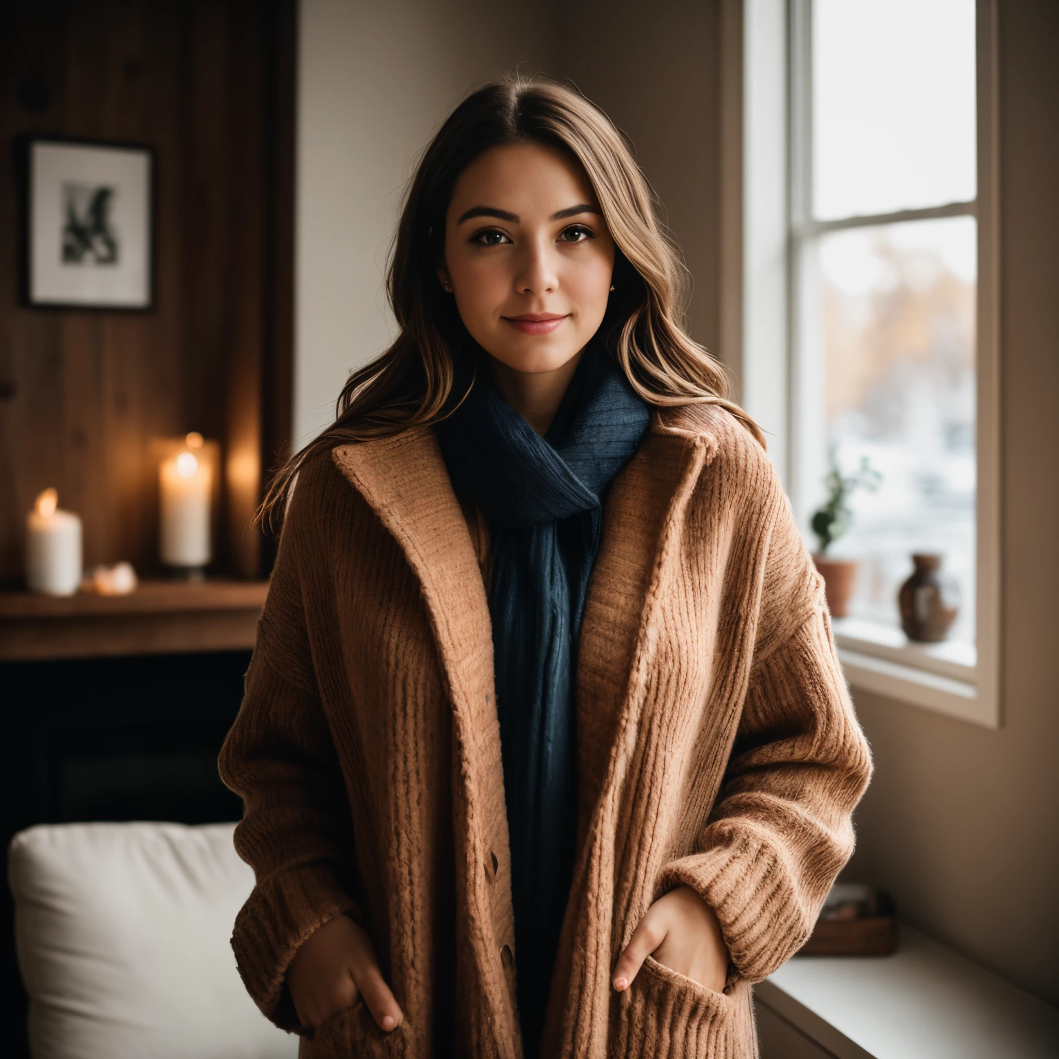 RAW photo, a portrait photo of a light brown haired woman , life like, photorealistic, 8k uhd, high quality, film grain, Fujifilm XT3, gorgeous face, full body, wearing warm clothing, cozy warm atmosphere, full body