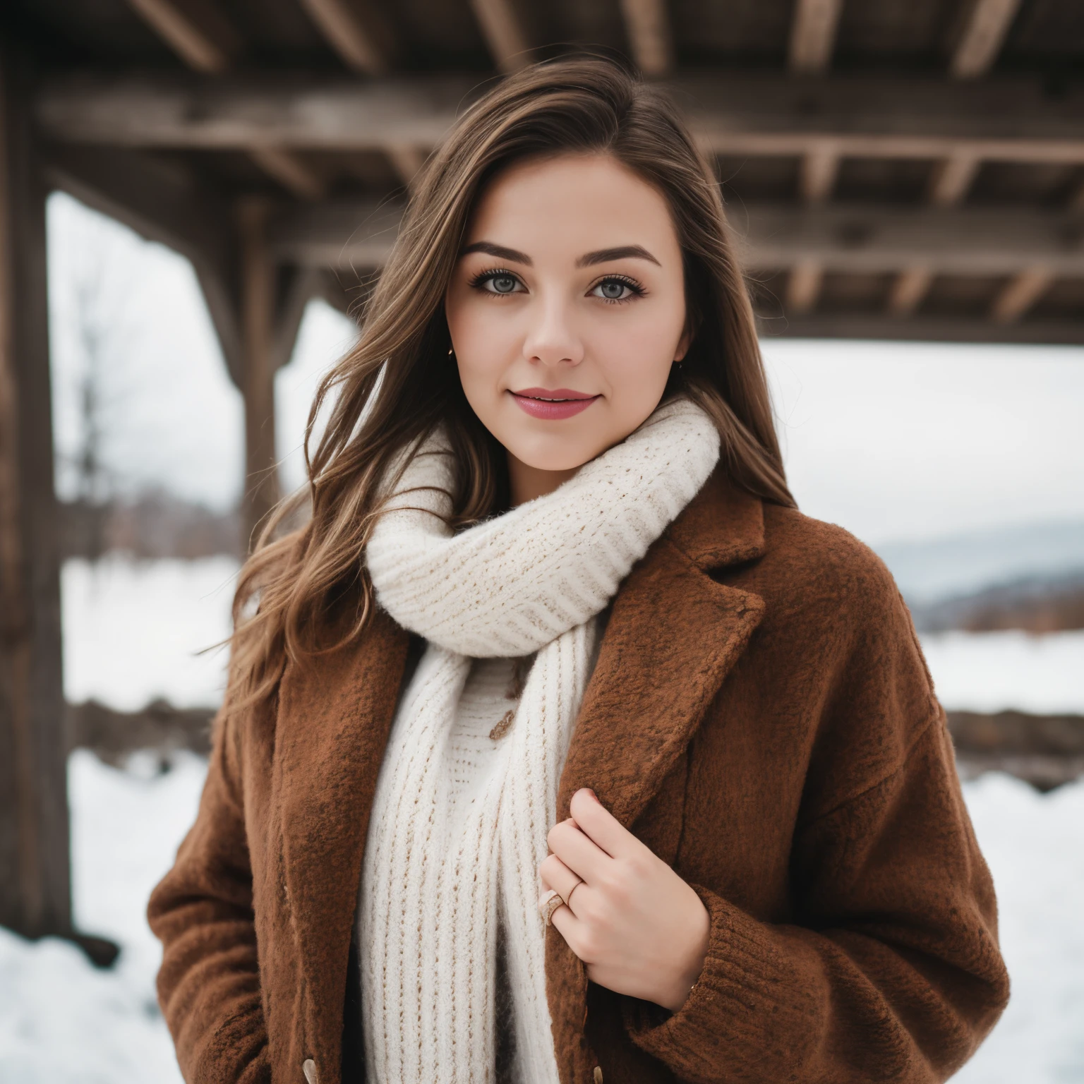 RAW photo, a portrait photo of a light brown haired woman , life like, photorealistic, 8k uhd, high quality, film grain, Fujifilm XT3, gorgeous face, full body, wearing warm clothing, cozy warm atmosphere, full body