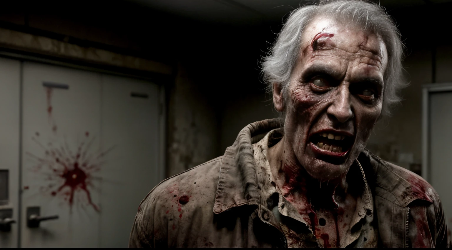 Zombie doctor in a broken hospital, zumbi perfeito, wearing a doctor's lab coat, stethoscope in the neck. postura atacando, medonho, terror, filmes de zumbi, lab coat with handprint and blood