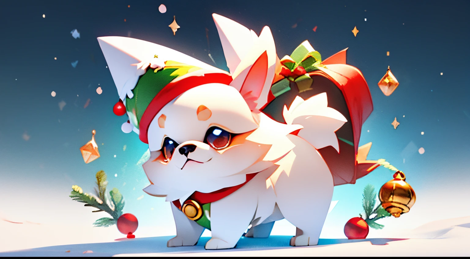 3D vector art、Colorful cute white pekingese dog、He is wearing a Christmas hat and saluting,The collar has a bell、 cute christmas present, Ultra-realistic high quality, Cute and quirky, Fantasy Art, Watercolor effect