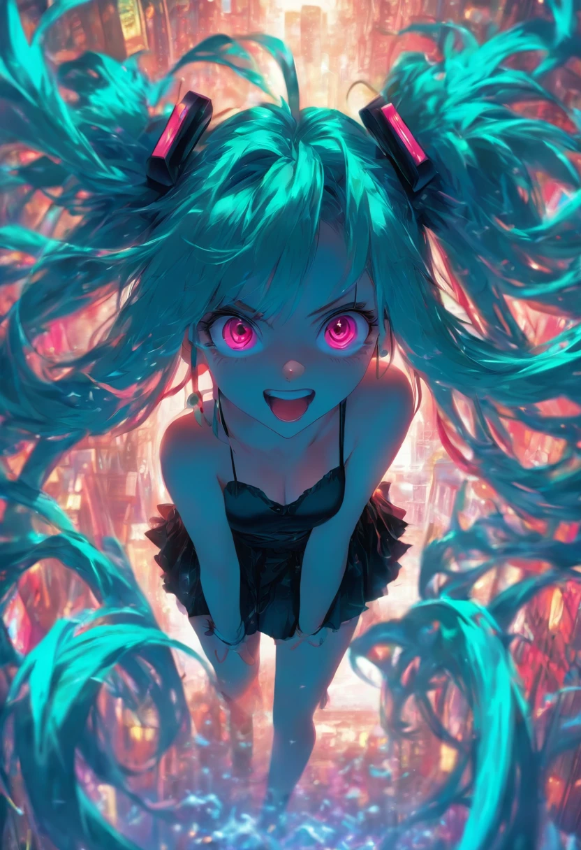 miku hatsune、1girl in, [Twin-tailed], Shaded face,  Crazy, skirt rift, pantiy, [self lift]、eye glasses、put on glasses、eye glass、Blunt bangs、Red brilliant eyes、Sexy、Nasty face、maid, over-kneehighs,Ahegao , Silly,Sexual ecstasy,Drunken eyes,Blunt bangs, Black hair,(masutepiece:1.2, Best Quality), (finely detailed beautiful eye: 1.2), (Detailed background,Dark Fantasy), (beautifull detailed face), High contrast, (Best Illumination, extremely delicate and beautiful), ((Cinematic Light)), Colorful, Hyper Detail, Dramatic light, Intricate details,