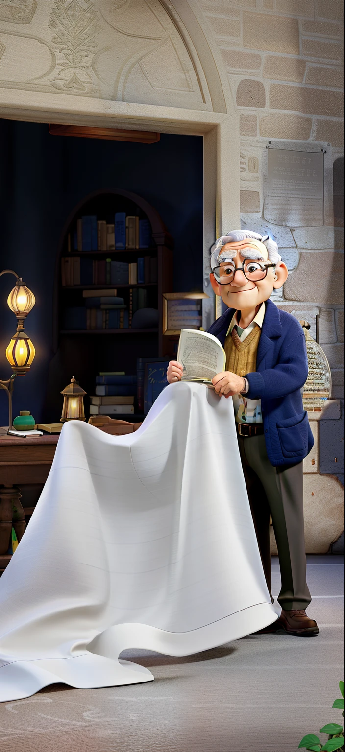 A wise old man standing in front, illuminated by the light of a lamp, against the backdrop of a library