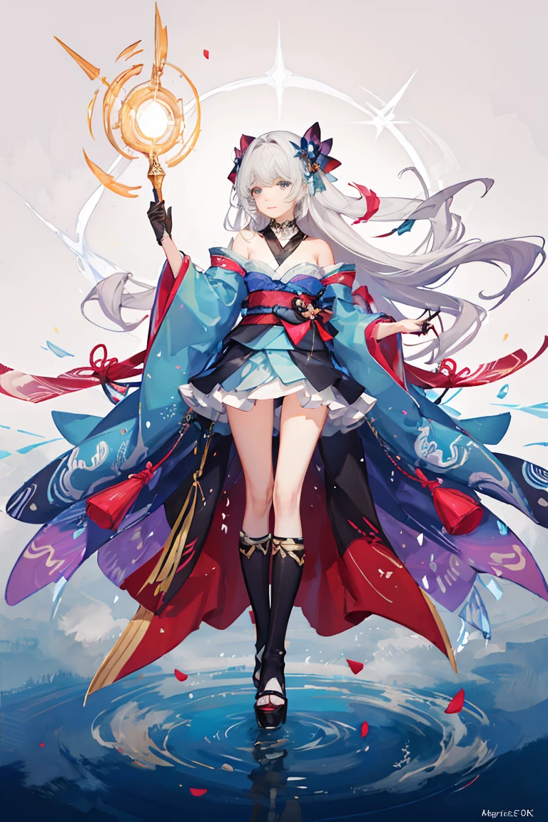((Magical Girl)), ((Gorgeous Starry Sky Background)), ((Super Detailed)), (Best Illustration), ((Cinematic Lighting)), Dynamic Angle, Floating, Fine, (Flash:1.2), (Sparkle:1.2), (Shine:1.2), Classic, (painting:1.1), (Sketch:1.1), (Best Quality), (Masterpiece:1.2), ( anime style), (solo), beautiful and delicate face, (cute face: 1.3), (big eyes: 1.3), colored hair, (long hair: 1.2), (flowing hair: 1.2), (magical girlhood), detail outfit, (sparkling wand: 1.3), (magic effect: 1.3), (flowing skirt: 1.2), (cute boots: 1.1), (transparent fabric: 1.1), (flash: 1.2), (glowing 1.2), (radiance: 1.2), (flash: 1.2), (flash: 1.2), (flash: 1.2), (dazzle: 1.2) (Very detailed 8k wallpaper) complex, high detail, dramatic, 8k, ((masterpiece, super detailed, complex detail, medium quality, illustration)), 1girl, solo, high resolution, street, cherry tree, petals falling, sunlight through), (extremely detailed CG, super fine, Best shadows: 1.1), ((Depth of field)), ((Watercolor)), (Kimono: 1.3), Big breasts, bare shoulders, flowers and petals, Beautiful concept illustration, (Illustration: 1.1), (Extreme beauty: 1.1), (Perfect detail: 1.1), --v 6