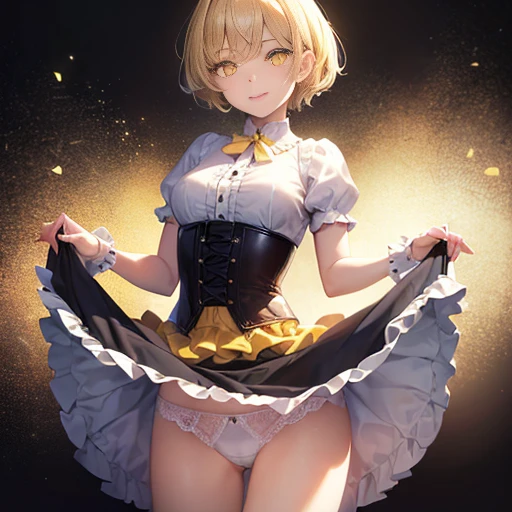 Idol, Masterpiece, Top Quality, Beautiful Face, Absurdity, HDR, (Cowboy Shot, White Ruffled Lace Mini Dress, White Collar, White Ruffle Cuff, Particles: 1.5), (Bloom, Glow: 1.4), (Smile), (Blonde Short, Yellow Eyes: 1.7), Sharp Focus, Photorealistic, High Resolution, Best Detailed, Ultra Detailed, Detailed Face and Eyes, Sharp Pupils, Realistic Pupils, Sharp Focus, Glossy Skin, (Black Corset: 1), (Dark Studio, Dark Background: 1.5), Rim Lighting, Dynamic and Cinematic Lighting, (((Skirt Lift: 1.3)))), ((White Panties Visible))),