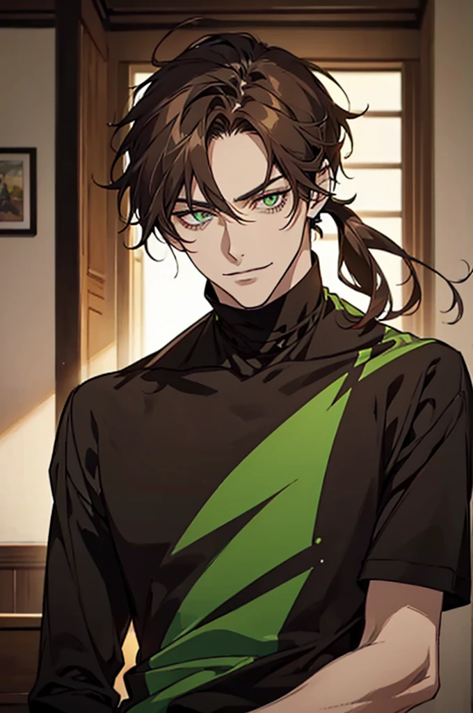 ((sexy tall man, young_adult_face)), (glowing green eyes), sharp eyes, piercing eyes, smirking, sexy smirk, wicked smile, portrait, gradient ((dark brown hair)), shaggy hair, ((rattail hair)), (shiny tan skin), darkbrown_hair, solo, indoors, ❤ love, handsome anime boy, 1 man, wearing black skinny jeans, wearing brown sweater, head tilted, ((face front)),