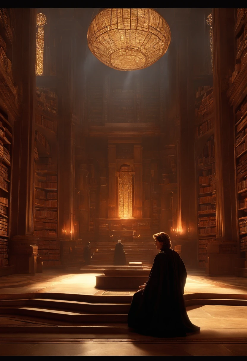 Anakin is sitting in the library of the Jedi temple, surrounded by ancient texts and illuminated by the soft glow of holocrons.,Star Wars: Episode II - Attack of the Clones,Anakin Skywalker