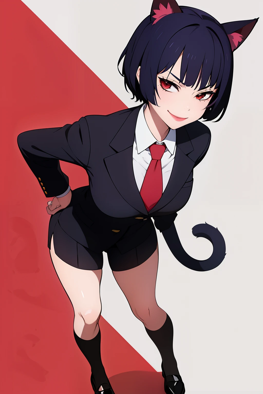 Cute girl, short hair, wearing a formal suit, Tie, big chest, sexy, lipstick, Smiling face, beautiful eyes, black hair, Hair neat and combed, red (X) behind she, Combat stance,X, Cat ears, cat collar, cat tail, cat,meow, full body,Draw hands better