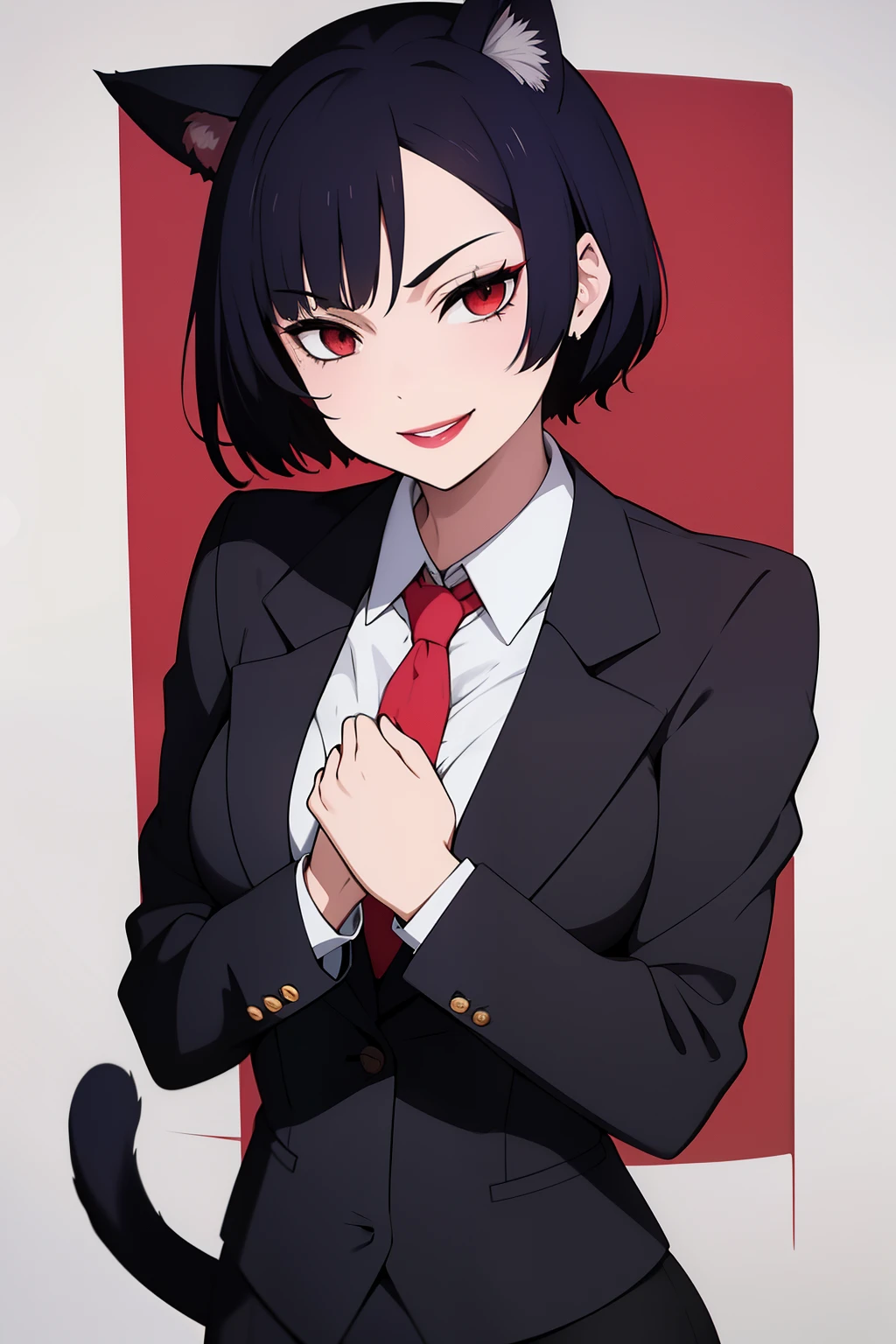 Cute girl, short hair, wearing a formal suit, Tie, big chest, sexy, lipstick, Smiling face, beautiful eyes, black hair, Hair neat and combed, red (X) behind she, Combat stance,X, Cat ears, cat collar, cat tail, cat,meow, full body,Draw hands better