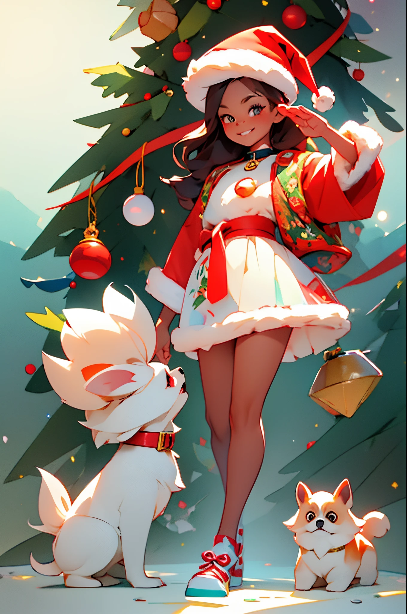 3D vector art、Girl holding a colorful cute white Pekingese dog、（The dog is wearing a Christmas hat and saluting,The collar has a bell、 cute christmas present）, Ultra-realistic high quality,  Cute and quirky, Fantasy Art, Watercolor effect