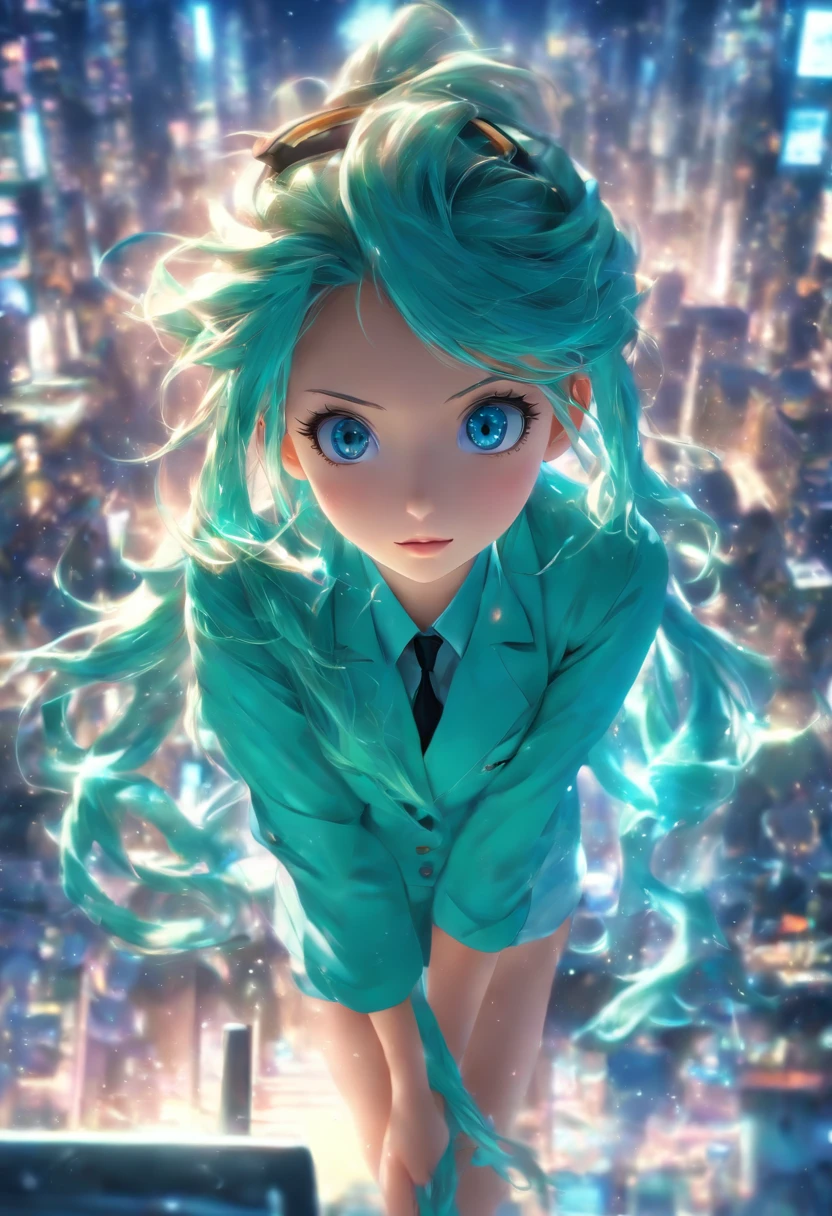 eye glass。top-quality, Photorealistic, An ultra-fine illustrations, beautiful attractive anime girl, miku hatsune, Slender body, Tied hair, one girls, a photo of girl, Full body shot, Beautiful blue eyes, Turned, in a office、Sitting at your desk、Women's Suits、