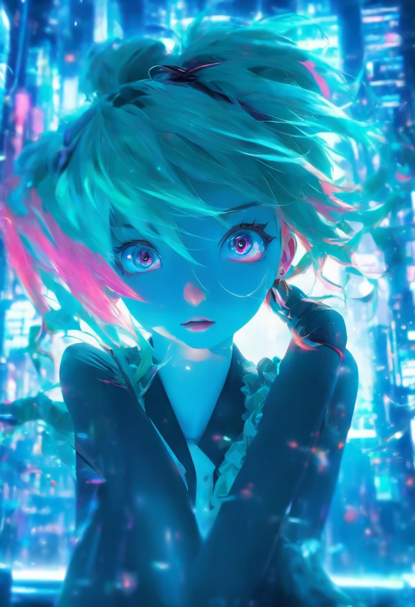 eye glass。top-quality, Photorealistic, An ultra-fine illustrations, beautiful attractive anime girl, miku hatsune, Slender body, Tied hair, one girls, a photo of girl, Full body shot, Beautiful blue eyes, Turned, in a office、Sitting at your desk、Women's Suits、