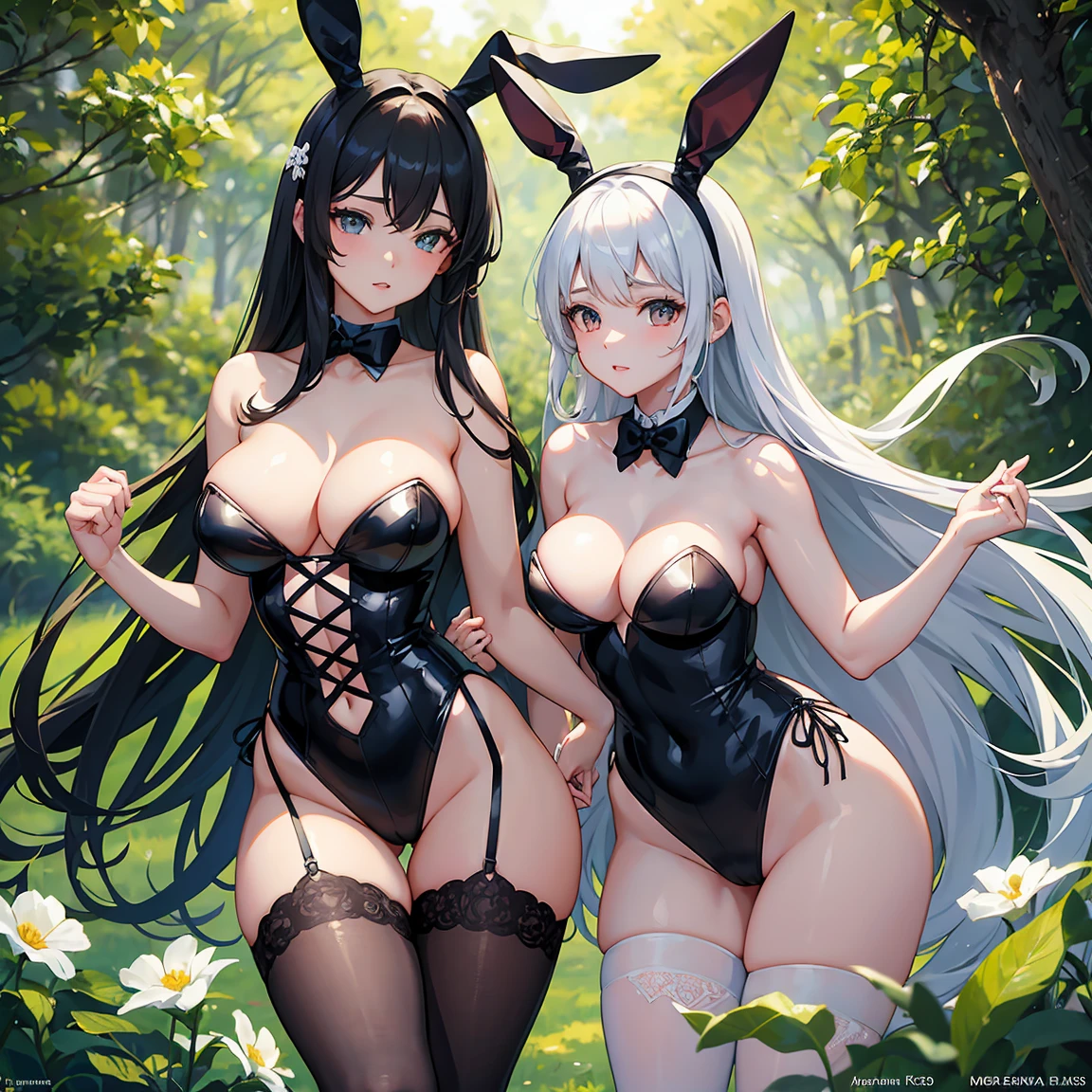 Two bunny girls posing in contrasting black and white bunny suits and fishnet stockings. The first bunny girl stands out with her brown skin, big boobs, and thicc body, while the second bunny girl enchants with her small boobs and thin body. The artwork is created in a medium that resembles a detailed and exquisite oil painting. The scene is set in a lush garden surrounded by blooming flowers and vibrant greenery. Both girls have captivating expressions, their eyes filled with allure and mystery. The lighting casts a soft, ethereal glow, accentuating the curves of their bodies. The colors in the artwork are vivid and vibrant, with a warm color palette that highlights the sensuality and elegance of the bunny girls. The image quality is at its best, showcasing ultra-detailed features and realistic textures.