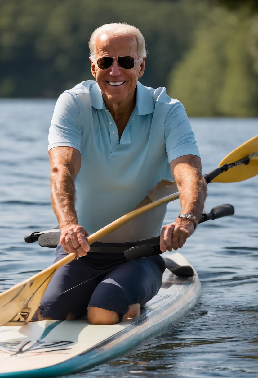 A photo of Joe Biden enjoying a tranquil paddleboarding session on a serene lake,original, Joe Biden, the President of the United States, is typically seen in a suit and tie, often with a smile and aviator sunglasses, which have become somewhat of a trademark look for him. He has white hair, blue eyes, and is known for his friendly demeanor.