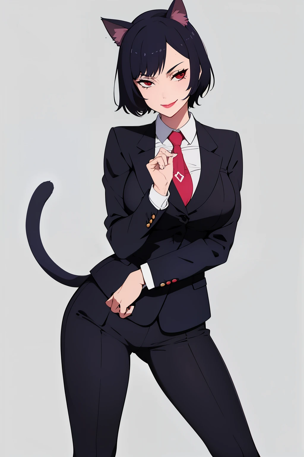 Cute girl, short hair, wearing a formal suit, Tie, big chest, sexy, lipstick, Smiling face, beautiful eyes, black hair, Hair neat and combed, red (X) behind she, Combat stance,X, Cat ears, cat collar, cat tail, cat,meow, full body, Tail from the backside, Tail from the ass