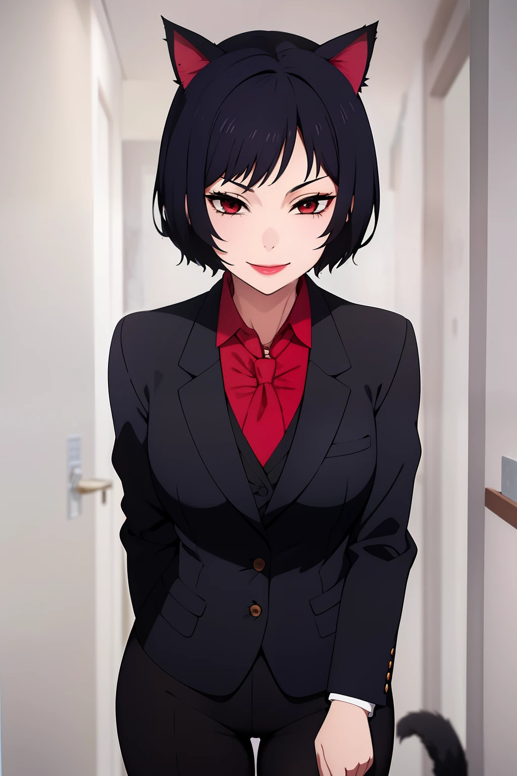 Cute girl, short hair, wearing a formal suit, Tie, big chest, sexy, lipstick, Smiling face, beautiful eyes, black hair, Hair neat and combed, red (X) behind she, Combat stance,X, Cat ears, cat collar, cat tail, cat,meow, full body,Draw hands better