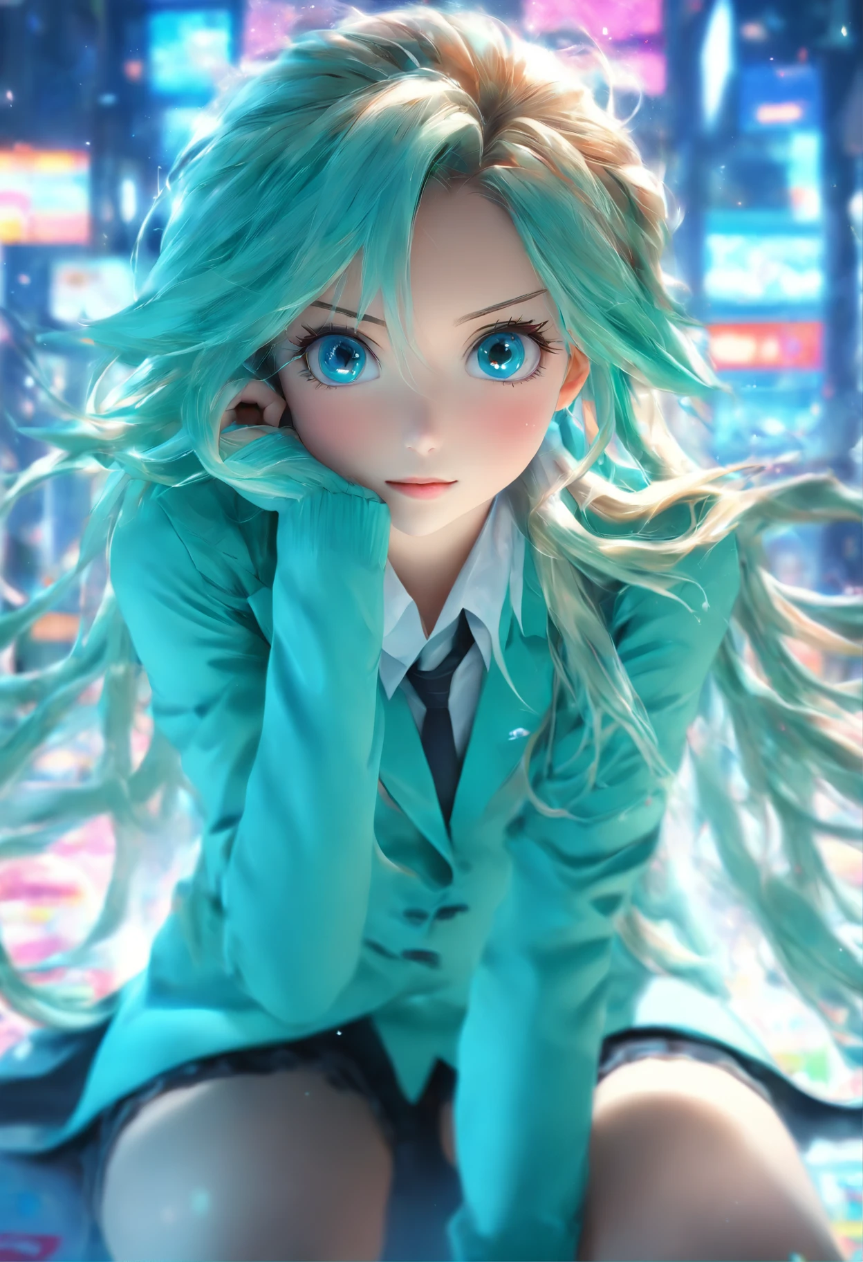 eye glass。top-quality, Photorealistic, An ultra-fine illustrations, beautiful attractive anime girl, miku hatsune, Slender body, Tied hair, one girls, a photo of girl, Full body shot, Beautiful blue eyes, Turned, in a office、Sitting at your desk、Women's Suits、