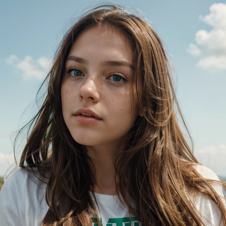  girl looking up at the sky, close up shot of the right side of her face, long flowing brown hair, gold highlights in hair, green eyes, eyes looking up, lots of freckles, super realistic