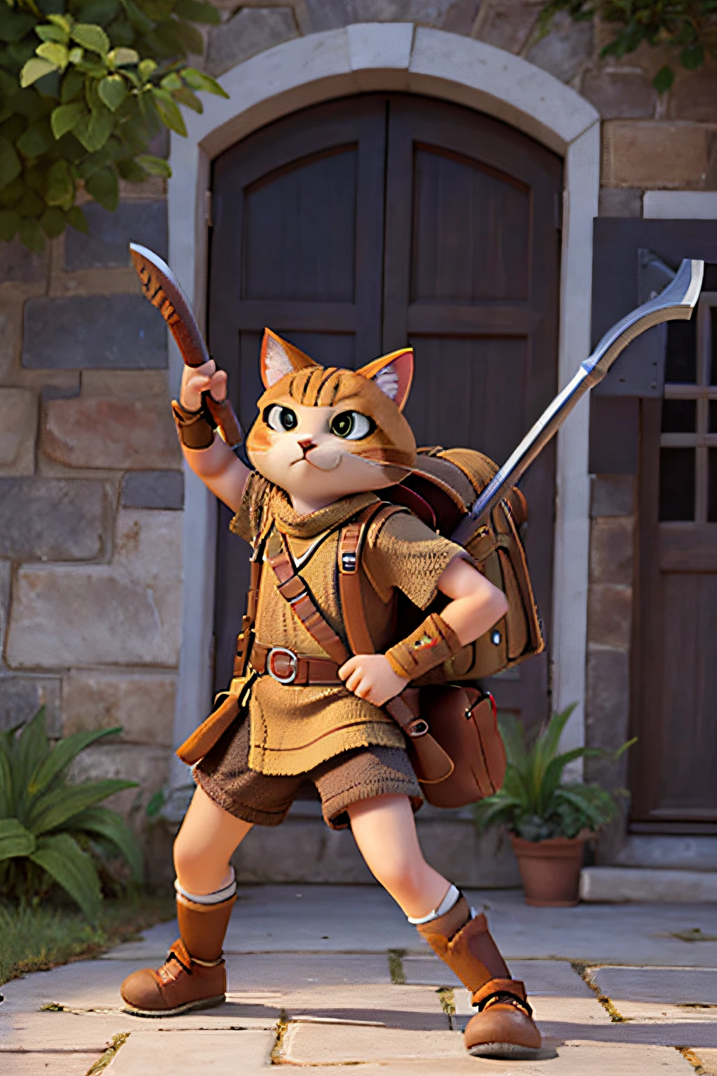 cat warrior with axe and backpack