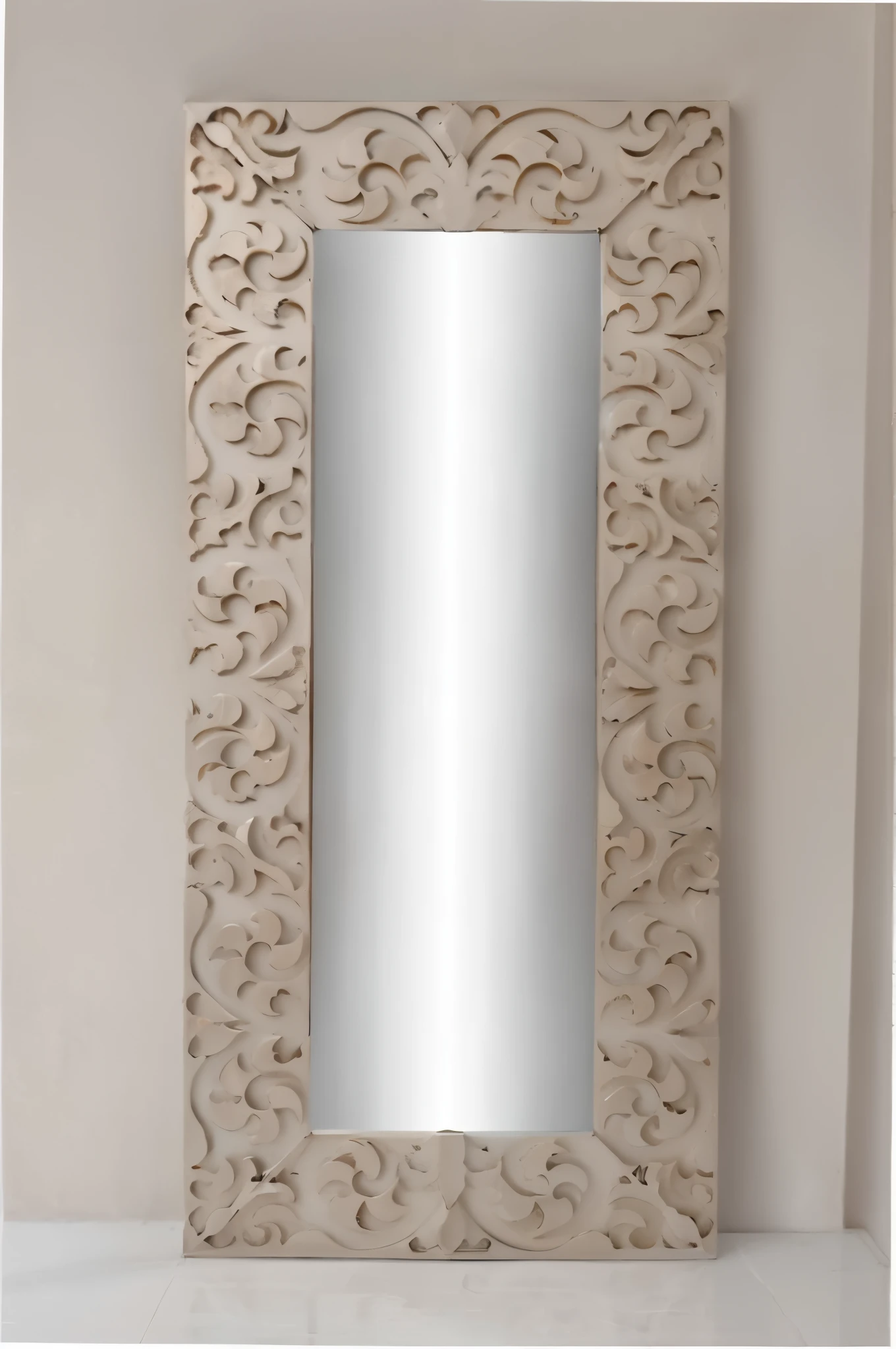 there is a mirror that is sitting on a wall, lamp ( ( ( mirror ) ) ) ), ivory carved mantle, day light, sconces, pillar, mirrors, mirror texture, with a mirror, vintage - w 1 0 2 4, bangalore, full lenght view. white plastic, ivory rococo, sun light, loreta lux, silver,ivory