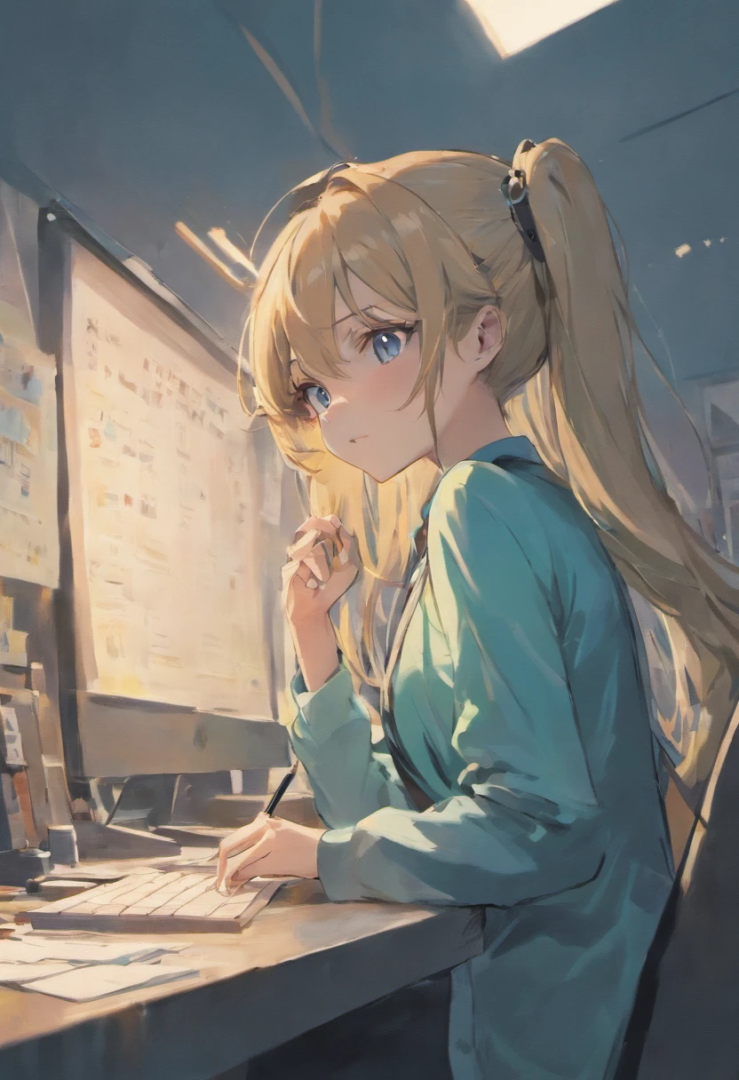 eye glass。top-quality, Photorealistic, An ultra-fine illustrations, beautiful attractive anime girl, miku hatsune, Slender body, Tied hair, one girls, a photo of girl, Full body shot, Beautiful blue eyes, Turned, in a office、Sitting at your desk、Women's Suits、