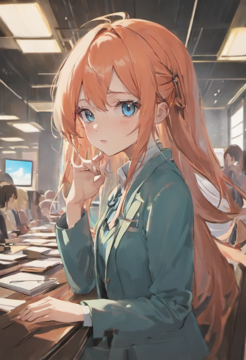 eye glass。top-quality, Photorealistic, An ultra-fine illustrations, beautiful attractive anime girl, miku hatsune, Slender body, Tied hair, one girls, a photo of girl, Full body shot, Beautiful blue eyes, Turned, in a office、Sitting at your desk、Women's Suits、