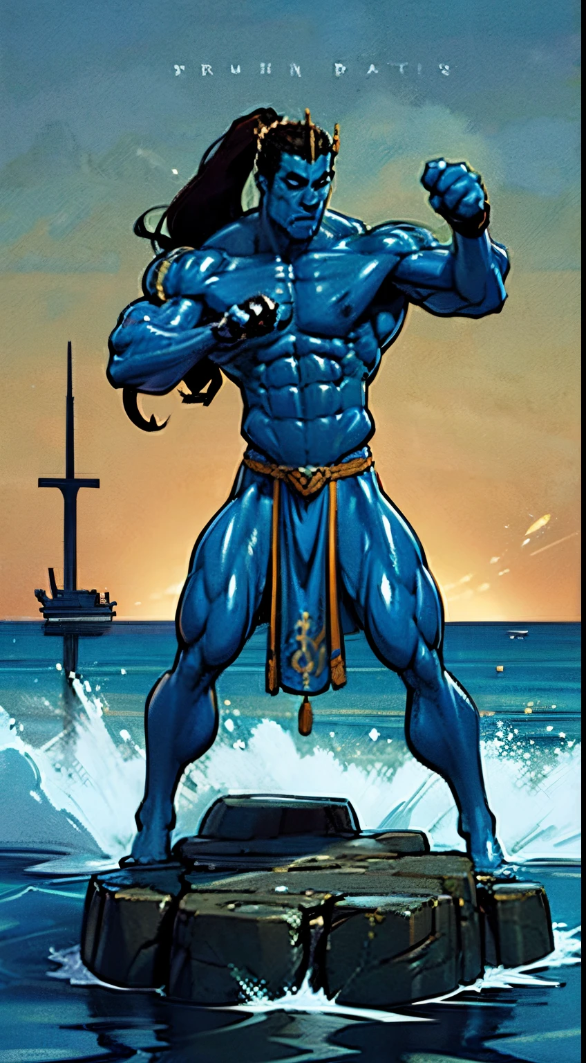 ((Action pose:1.5)), a painting of a (((muscular))) man with a spear and a large body of water, The God Poseidon, ((thick muscular thighs)), The God of the Sea, brown loincloth, golden crown, The God Hades, Poseidon, Charon, colored blue skin, colored skin, ((blue skin:1.4)), The Boatman of Hades, God of the Ocean, God of the Underworld, Hades, God Shiva the Destroyer, Furious God Zeus, Like an Atlantean, veiny biceps, chiseled abs, muscular legs, rugged face, long hair in ponytail, masterpiece, 8k
