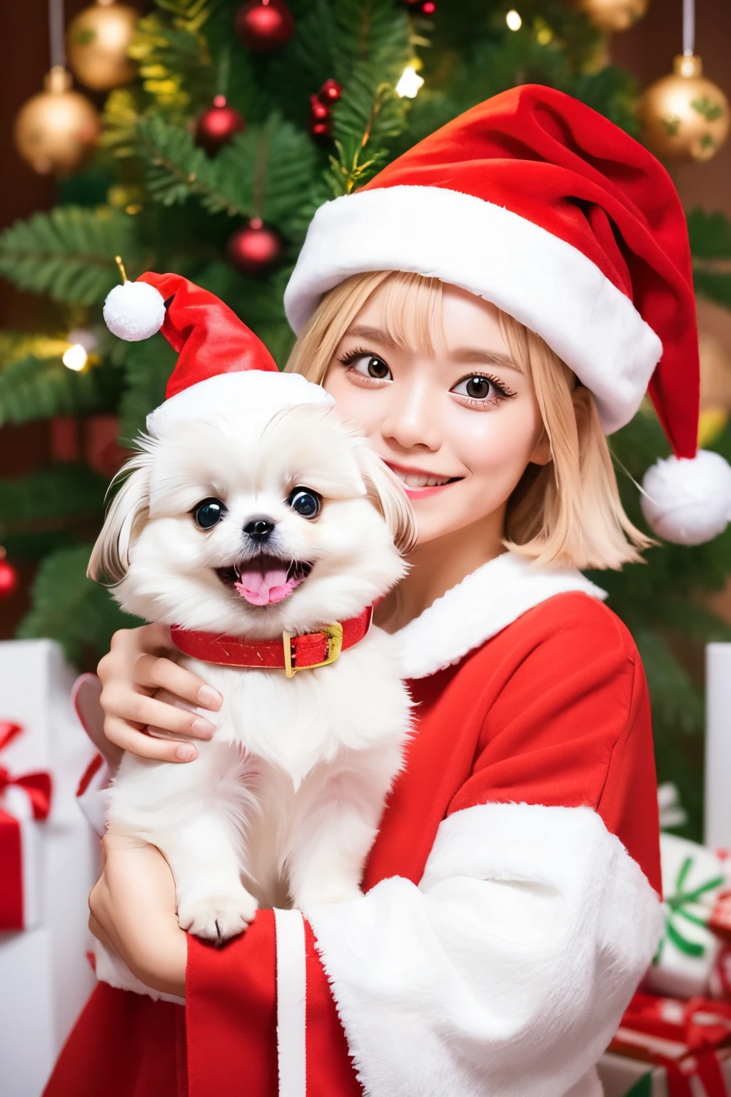3D vector art、Colorful cute white pekingese dog、dog is wearing a christmas hat、dog has a bell'Collar、 cute christmas present, dog is fluffy、Ultra-realistic high quality, Cute and quirky, Fantasy Art, Watercolor effect、little girl hugging a dog