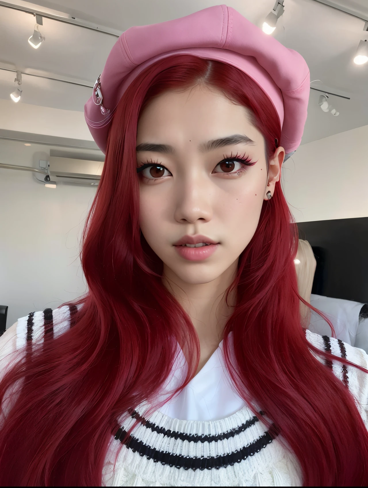 un primer plano de una mujer con el pelo largo y rojo con un sombrero, Jossi de Blackpink, Parque Roseanne de Blackpink, Jinyoung Shin, red tinted hair, Retrato de Jossi de Blackpink, ulzzang, Retrato Jisoo Blackpink, crimson hair, Jisoo de Blackpink, Red crimson hair, Jisoo de Blackpink, Jaeyeon Nam, Kim Doyoung, peluca roja