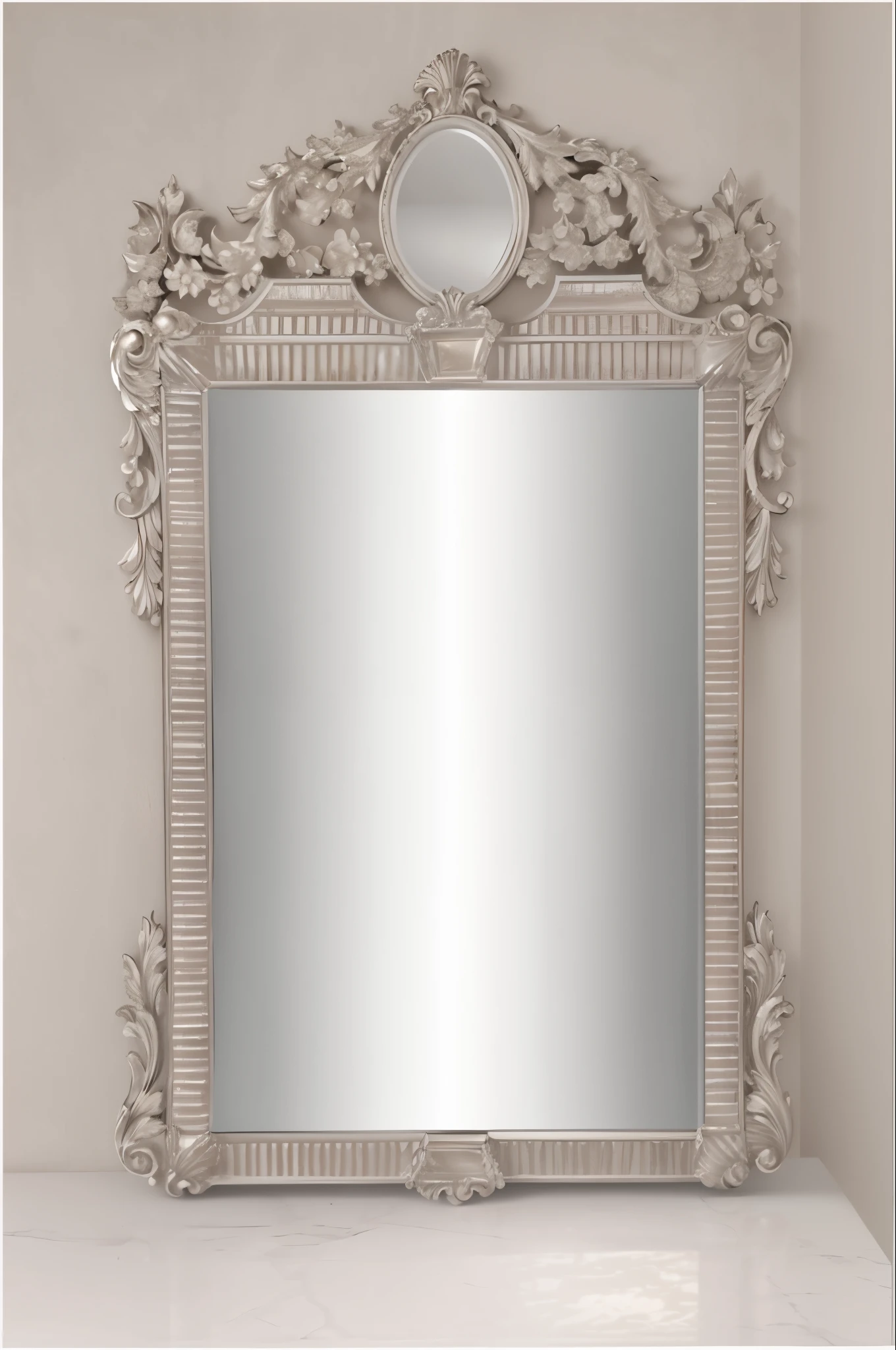 there is a mirror that is sitting on a shelf in a room, mirrors, mirror texture, vintage - w 1 0 2 4, with a mirror, with many mirrors, baroque detailed, ivory rococo, mirror background, big mirrors, 1 8 th century style, mirrored, mirror, mirror and glass surfaces, inspired by William , silver,ivory