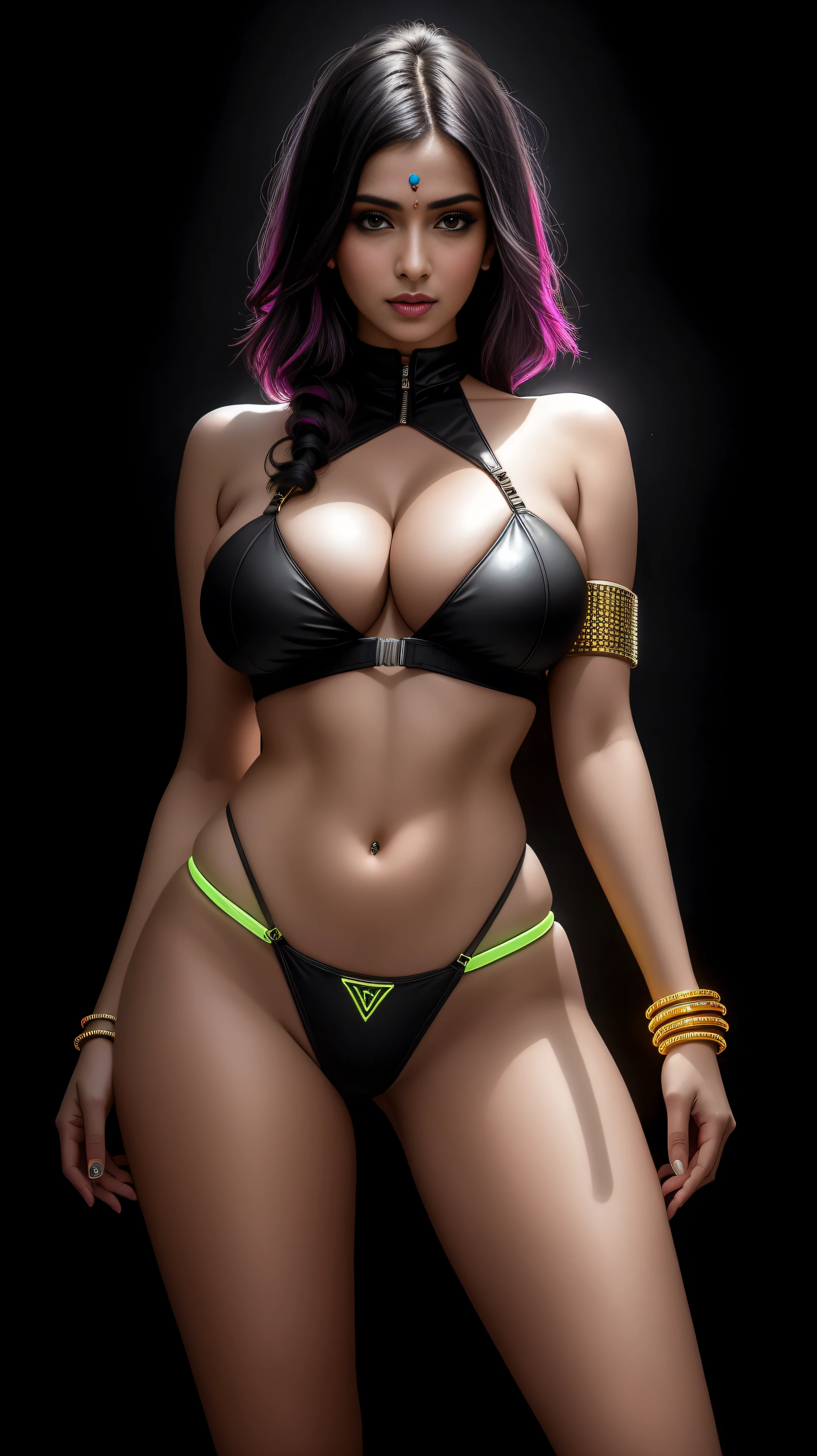 there is an indian woman standing, 3 d neon art of a womans body, neon-noir background, cyberpunk femme fatale, seductive cyberpunk dark fantasy, cyberpunk strip clubs, cyberpunk 20 y. o model girl, oppai cyberpunk, banner, high definition cgsociety, cgsociety masterpiece, trending on cgstation, kda, random hair, looking at camera, gigantic breasts, cleavage, (high detailed skin:1.2), 8k uhd, dslr, super lighting, high quality, film grain, high res, highly detailed, hyper realistic, beautiful face, beautiful body, beautiful eyes nose lips, alluring expression, very bold, upper boobs visible, full body photo, standing legs apart, pale translucent glowing skin, most beautiful face, cute, (well defined pubic hair:1.2)), (dark plain black background:1.4))