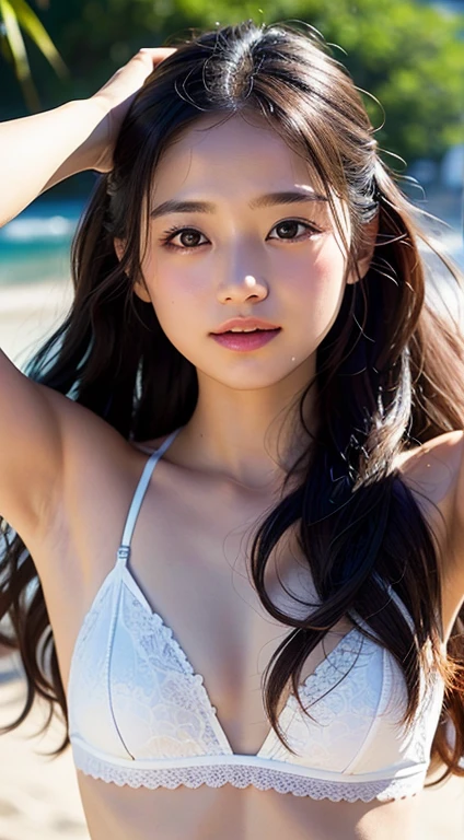 a closeup, ​masterpiece, top-quality, Raw foto, Photorealsitic, beautiful a girl, cute little, longwavy hair, depth of fields, hight resolution, ultra-detailliert, finely detail, ighly detailed, extremely detailed eye and face, Sharp pupils, Realistic pupils, foco nítido, Cinematic lighting、White swimwear、the beach、夏天、Playing on the beach、A smile、Fold your hands over your head