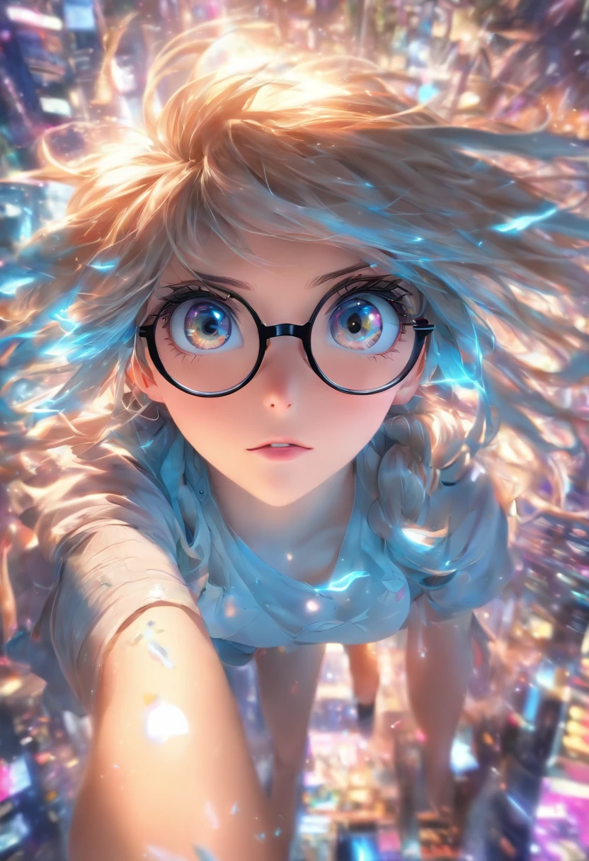 eye glass。top-quality, Photorealistic, An ultra-fine illustrations, beautiful attractive anime girl,, Slender body, one girls, a photo of girl, Full body shot, Beautiful blue eyes, Turned, 、Sitting at your desk、female students、校服、blunt bangs
