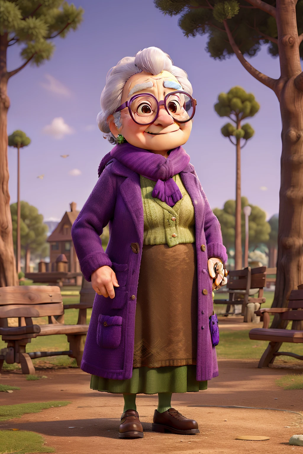 masterpiece, best quality, an old woman with glasses and a scarf on, wearing a purple coat and green scarf, standing at the park