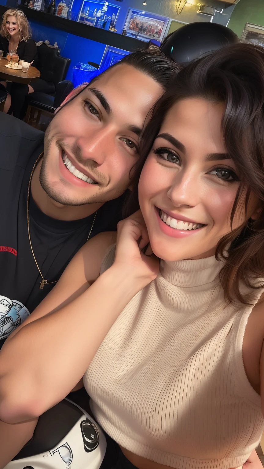 they are posing for a picture in a restaurant with a motorcycle, happy couple, smiling couple, they are in love, by Nándor Katona, very very low quality picture, both smiling for the camera, in love selfie, lovely couple, profile image, 8k selfie photograph, f / 1. 9 6. 8 1 mm iso 4 0, colored photo