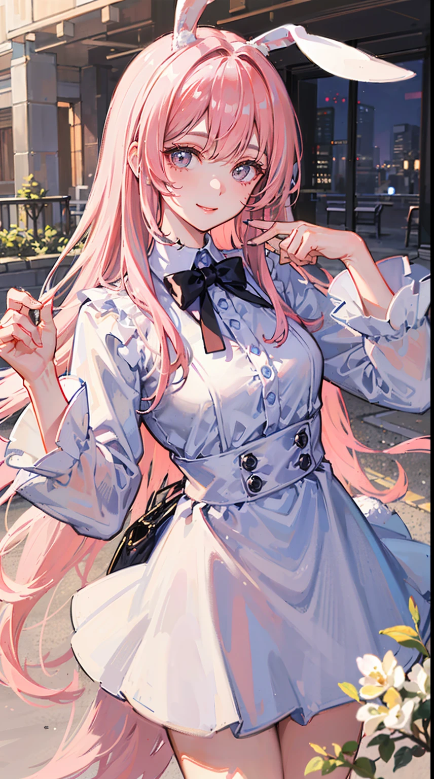 (masterpiece), best quality, (gentle smile), bunny girl, (bunny ears:1.2), (long pastel pink hair:1.2), (hair bangs), (hair hiding ears), (hazel eyes:1.2), (extremely detailed eyes), (fluffy bunny tail), (wearing modern clothing), (soft smile), city background