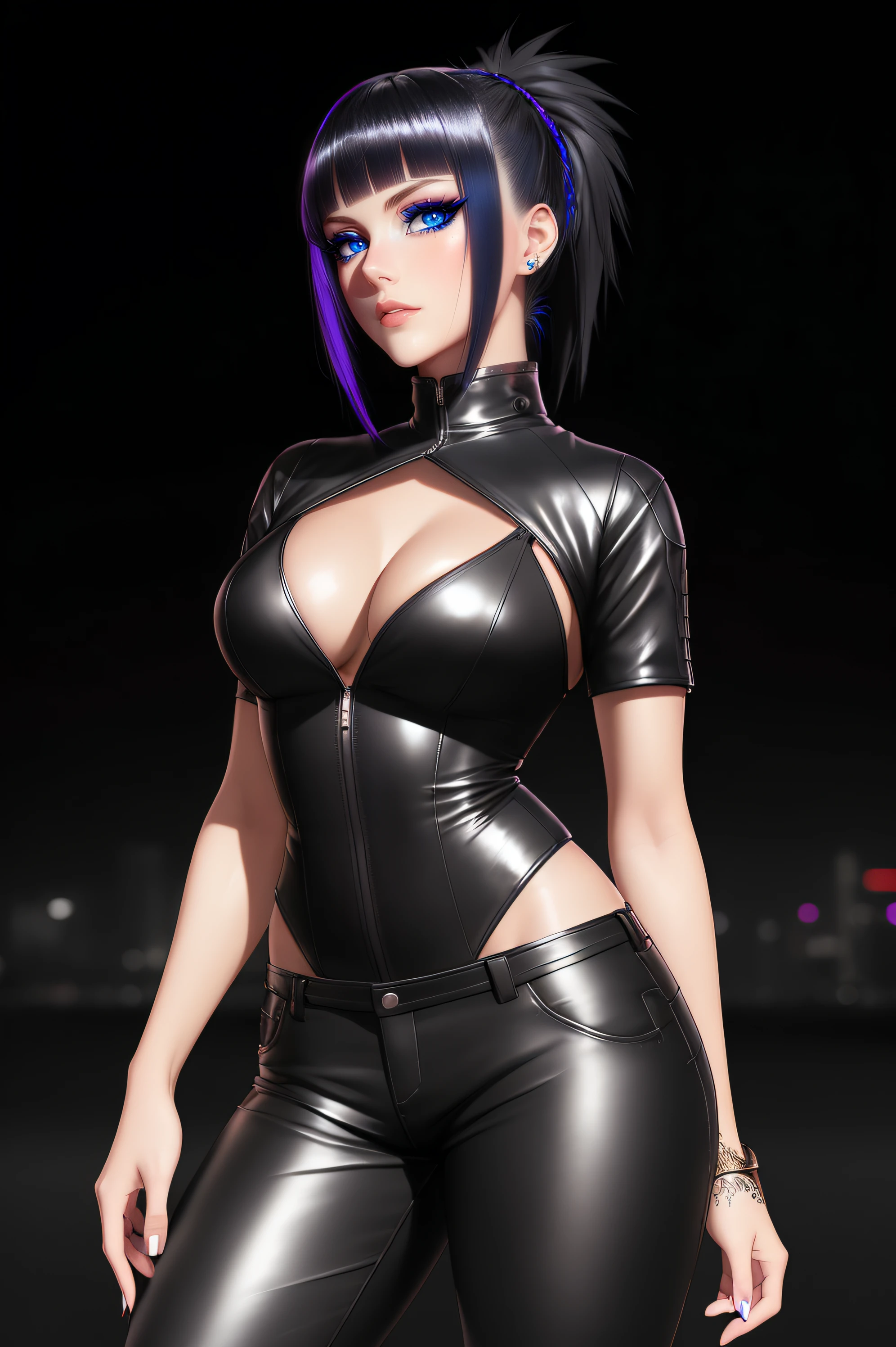 beautiful girl, ((standing:1.4)), (confident gaze:1.1), full body, short bright neon streaked black hair, ((realistic highly detailed eyes:1.4)), ((seductive pose:1.2)), black eyeshadow, (street style wear:1.2), ((tight fitted pants)), ((knee high leather boots)), (dark city night black background:1.4), dark makeup, digital art, trending on artstation, highly detailed, fine detail, intricate, detailed facial features, sharp focus, smooth, aesthetic,