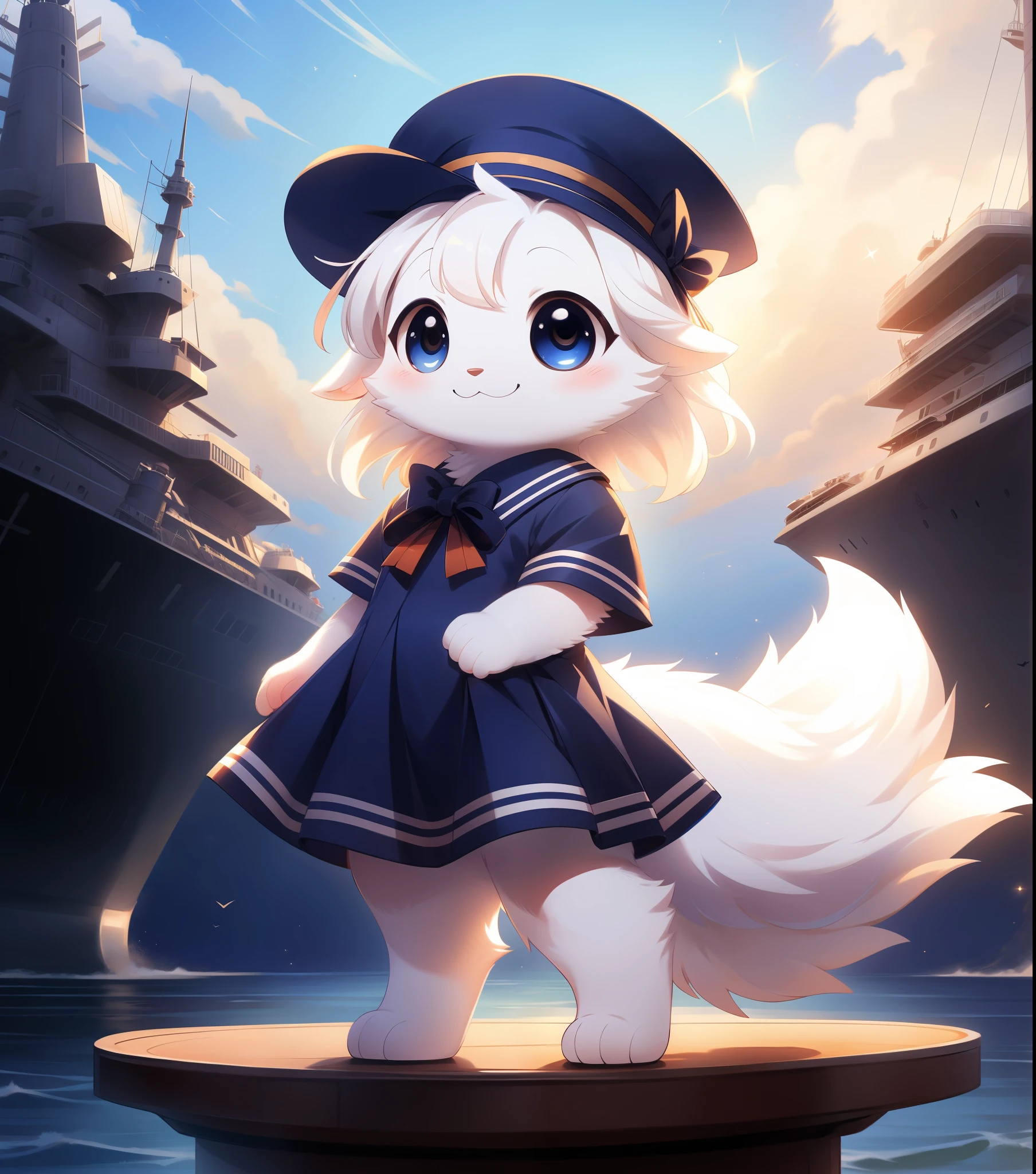 (master quality), (perfect anatomy), (sue sakamoto), (chibi mimiga), :3, fully body, digitigrade, white/blue sailor dress/outfit/hat, modern battleship, dramatic pose, dramatic lighting, white fur, fluffy fur, (black/big/oval eyes), fluffy tail, smile, ribbon/bow