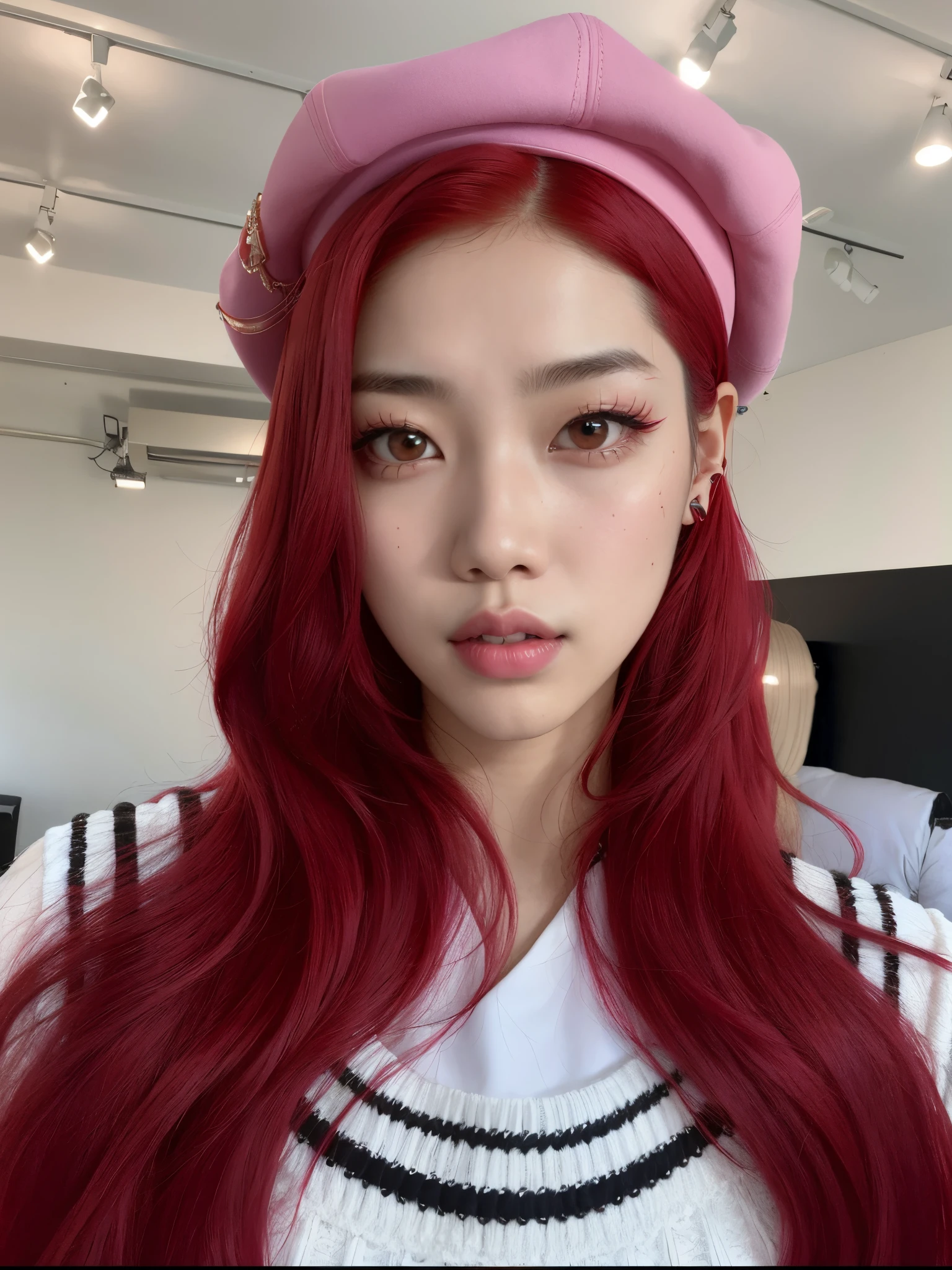 un primer plano de una mujer con el pelo largo y rojo con un sombrero, Jossi de Blackpink, Parque Roseanne de Blackpink, Jinyoung Shin, red tinted hair, Retrato de Jossi de Blackpink, ulzzang, Retrato Jisoo Blackpink, crimson hair, Jisoo de Blackpink, Crimson red hair, Jisoo de Blackpink, Jaeyeon Nam, Kim Doyoung, peluca roja