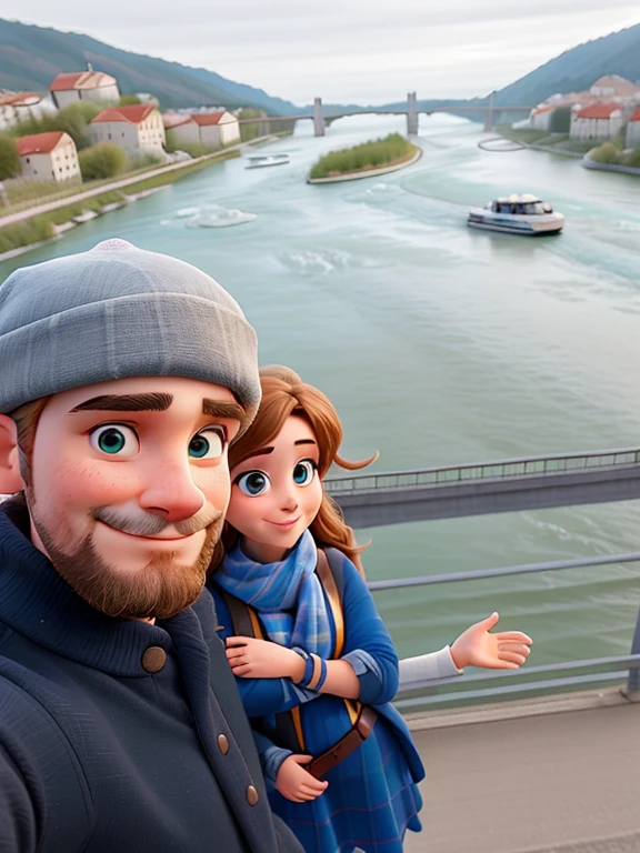 there is a man and a woman standing on a bridge, on a bridge, on the frozen danube, pewdiepie selfie at a bridge, river in the background, portrait!!!, pov photo, not blurry, overlooking river aufidius italy, selfie, connected with hanging bridge!!, at the sea, happy!!!, low quality photo, selfie!!!!!, selfie photo
