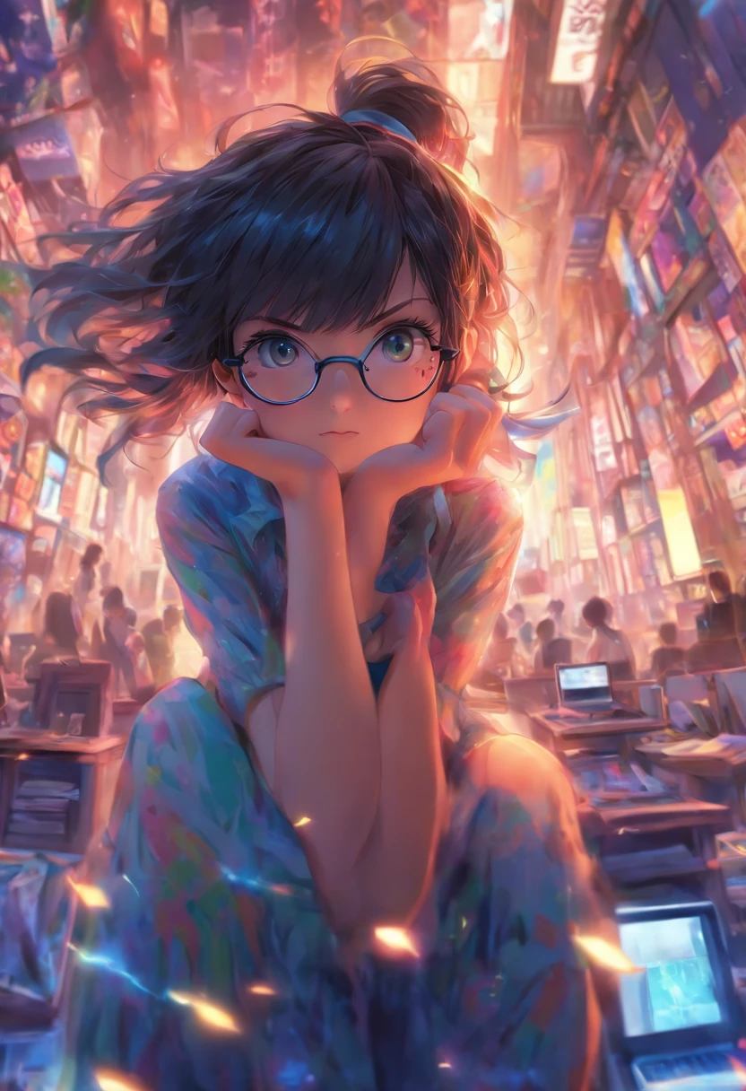 A dark-haired、short-hair、blunt bangs、top-quality, Photorealistic, An ultra-fine illustrations, beautiful attractive anime girl,, Slender body, one girls, a photo of girl, Full body shot, Beautiful blue eyes, Turned, 、Sitting at your desk、female students、校服、Blunt bangs、eye glasses、