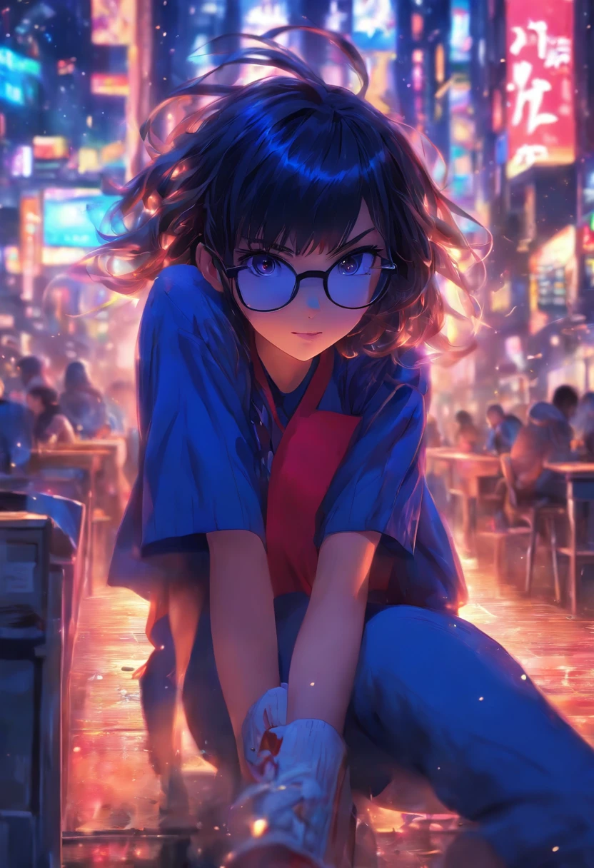 A dark-haired、short-hair、blunt bangs、top-quality, Photorealistic, An ultra-fine illustrations, beautiful attractive anime girl,, Slender body, one girls, a photo of girl, Full body shot, Beautiful blue eyes, Turned, 、Sitting at your desk、female students、校服、Blunt bangs、eye glasses、