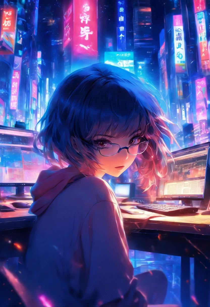 A dark-haired、short-hair、blunt bangs、top-quality, Photorealistic, An ultra-fine illustrations, beautiful attractive anime girl,, Slender body, one girls, a photo of girl, Full body shot, Beautiful blue eyes, Turned, 、Sitting at your desk、female students、校服、Blunt bangs、eye glasses、